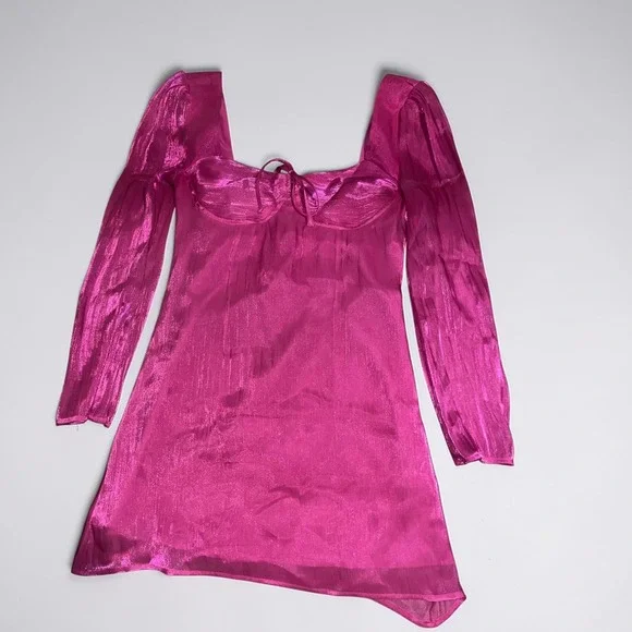 Forever 21 Fuchsia Pink Metallic Bustier Mini Dress Long Sleeve Small - Picture 2 of 6